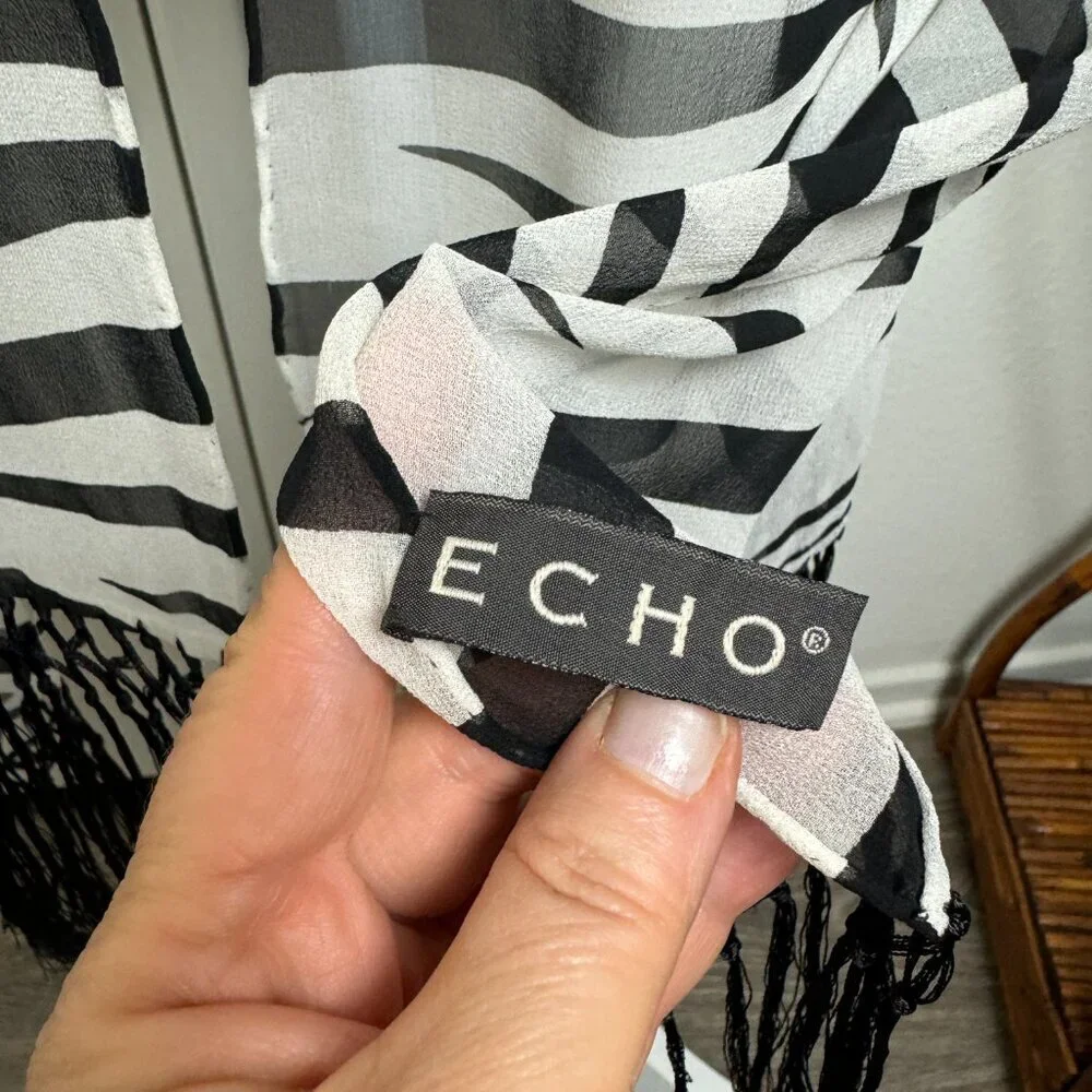 ECHO Evening Party Scarf Silk  Fringe Black & White